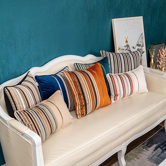 Yangest Brown Striped Throw Pillow Cover Multicolor Velvet Cushion Cover Zippered Rectangular Pillowcase for Sofa Couch Bedroom Living Room Home Decoration, 12x20 Inch