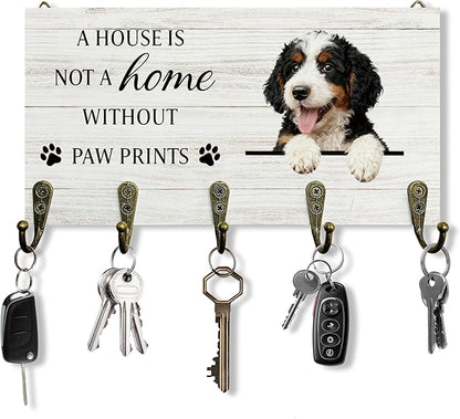 Bernedoodle Gifts Dog Key Holder for Wall 10"x5.12", Gifts for Bernedoodle Lovers Owners Key Hanger Wall Mount, Not A Home Without Paw Prints Dog Wooden Hanging Keys Holder Decor for Entryway