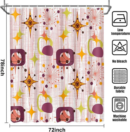Mid Century Shower Curtain, 72x78inch, Modern Abstract Retro Red Striped Geometric Shower Curtain Sets 1950s Boho Bathroom Shower Curtain with 12 Hooks