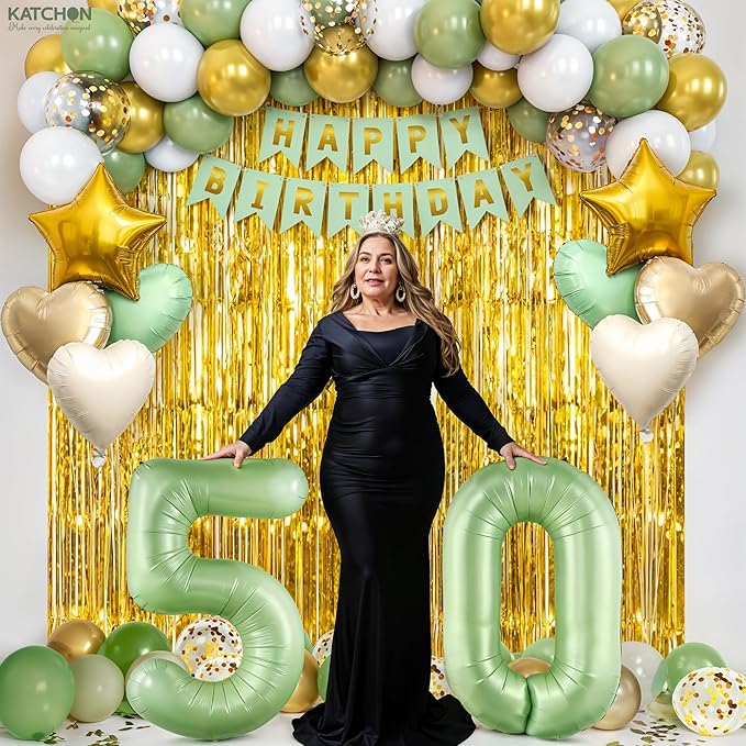 KatchOn, Sage Green 50th Birthday Decorations Set – Pack of 49 | Sage Green 50 Balloon Numbers, Star, Heart and Confetti Balloons, Gold Fringe Backdrop for 50 Birthday Decorations for Women, Men