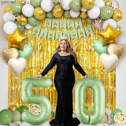 KatchOn, Sage Green 50th Birthday Decorations Set – Pack of 49 | Sage Green 50 Balloon Numbers, Star, Heart and Confetti Balloons, Gold Fringe Backdrop for 50 Birthday Decorations for Women, Men