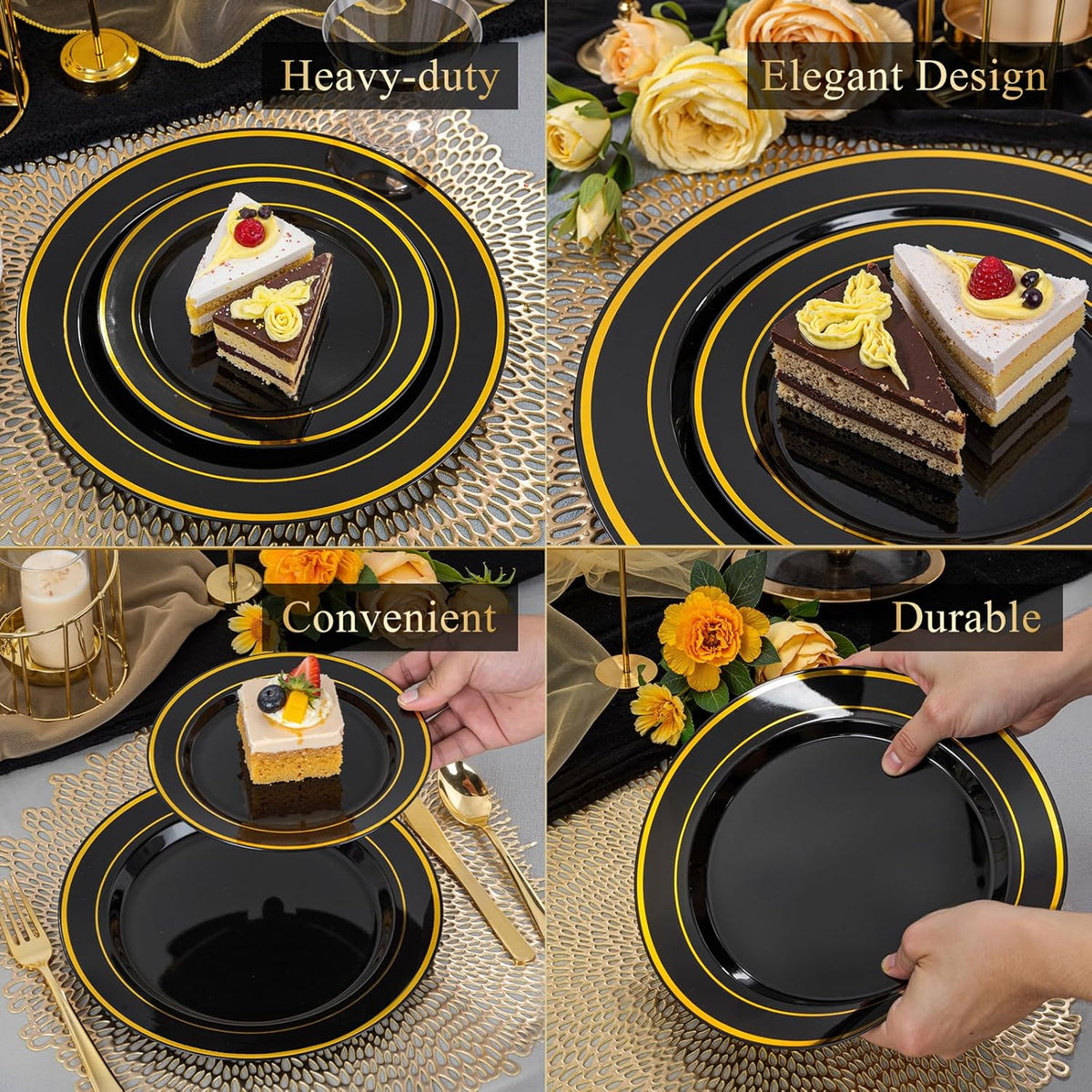WDF 200PCS Black and Gold Plastic Plates - Black Plates Disposable for Party - Heavy Duty Plastic Plate for New Year
