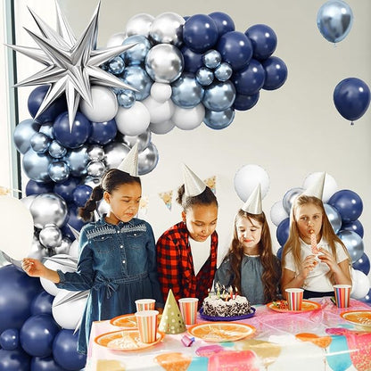 Blue Silver Balloon Arch Kit, Navy Blue Silver White Balloon Garland with Metallic Light blue silver Balloons Star Foil Balloons for Boys Men Birthday Wedding Graduation Baby Shower Party Decoration