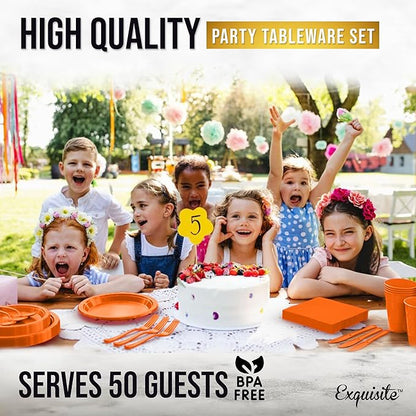 Party Solids 350 Pieces Orange Plastic Plates For Party, Orange Disposable Plates Set, 50 Of Each 9" Dinner Plate Set, 7" Dessert Plate, Cups, Napkins & Cutlery Plastic Dinnerware