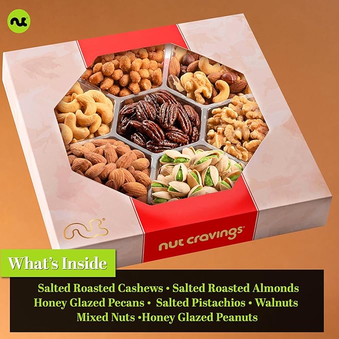 NUT CRAVINGS - Halloween Treats For Adults Mixed Nuts Gift Basket in Red Gold Box (7 Assortments, 1 LB) Holiday Xmas Christmas Food Arrangement, Healthy Snack Care Package, Food Assortments