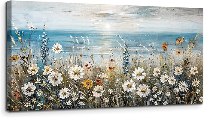 SERIMINO Large Wall Art for Living Room, Coastal Landscape Wall Decor, Beach Daisy Canvas Prints Farmhouse Decor, Wildflowers Bathroom Pictures Home Decor Aesthetic, Dining Room Kitchen Artwork 24"X48"