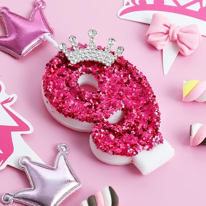 AKURIEEY Hot Pink Birthday Candles Crown Number 9 Candle Birthday Party Decorations Cake Topper Cupcake Decor for Anniversary Celebrations Supplies