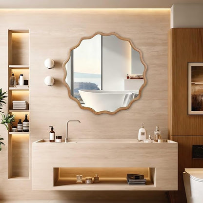 36 Inch Wooden Wavy Round Wall Mirror, Modern Solid Wood Frame Circle Decorative Accent Mirror for Bedroom, Bathroom, Living Room, Entryway, Natural Wood Color