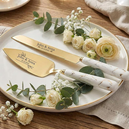 sinfinate Personalized Wedding Cake Knife and Server Set Gold - Custom Engraved Stainless Steel Cake Servers Cutting Set with Marble Pattern, Elegant Gift for Wedding Anniversary Birthday Christmas