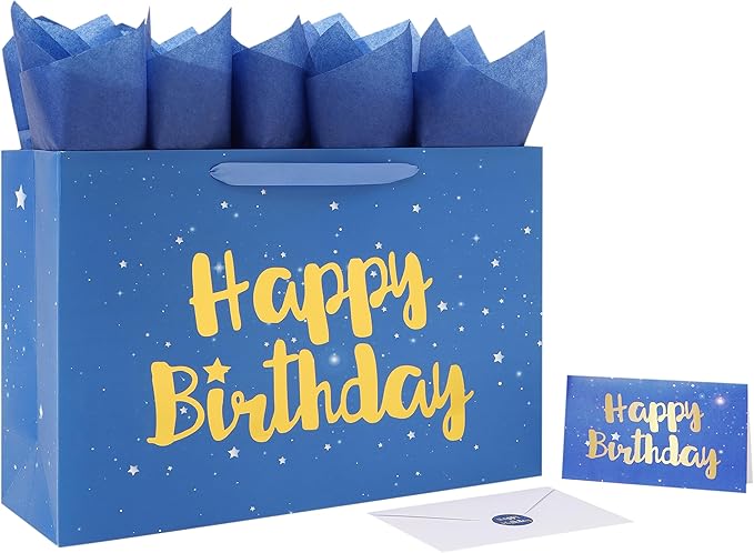 Qirrmiy 16.5” Extra Large Blue Happy Birthday Gift Bag Set with Handles, Greeting Card, Tissue Papers and Stickers for Men Boys Kids, Husband, Father, Stars Design, 1 Pcs