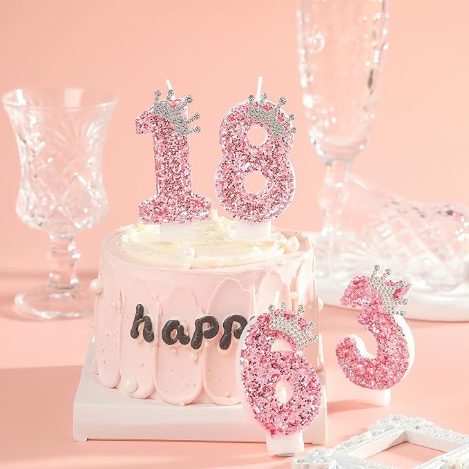 PHD CAKE Birthday Number Candles,Pink Crown Birthday Candles for Cake,Glitter Number 1 Candle Cake Topper with Sequins for Girls,Women, Anniversary Celebrations Supplies