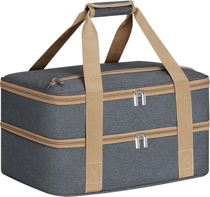 Double Insulated Casserole Carrier with Zipper Pockets, Casserole Carriers for Hot or Cold Food, Thermal Lunch Tote for Parties, Picnics, Beach, Traveling, Fits 11 x 15 or 9 x 13 Baking Dish