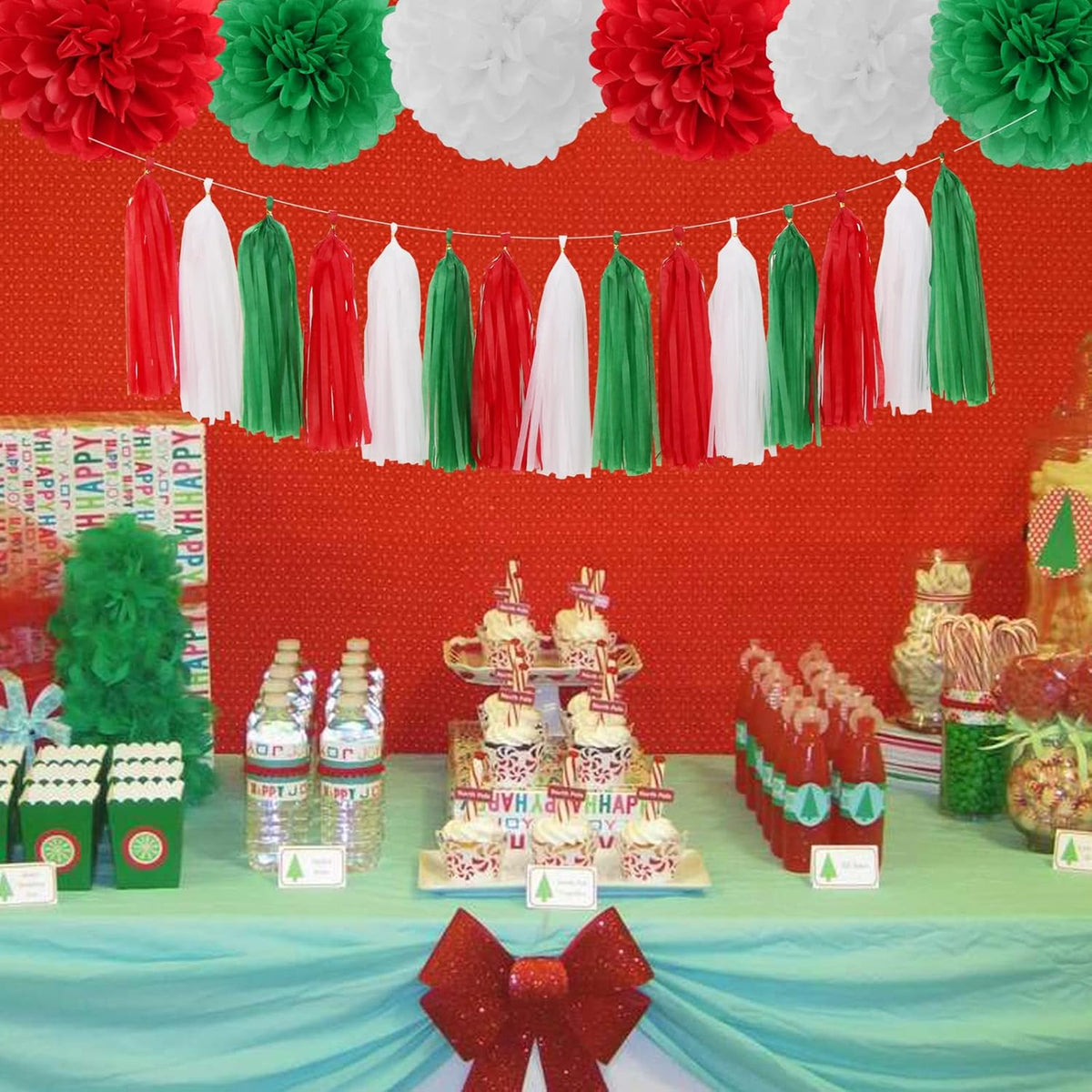 Red-Green White Christmas Party-Decorations Tassel-Garland -15pcs Mexico Italy Tassels Banner Streamers,Mexican Italian Birthday Wedding Baby Shower Decor Panduola