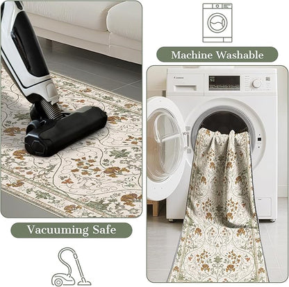Floral 2x10 Runner Rug with Non Slip Low Pile Washable Entryway Rug,Soft Vintage Runner for Hallway Kitchen Living Room Bedroom Bathroom,Beige White