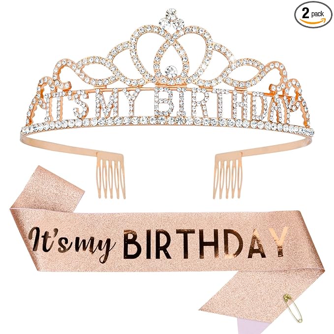 CAVETEE Birthday Crowns for Women - Its My Birthday Sash and Crown Set for Adult Women - Rose Gold