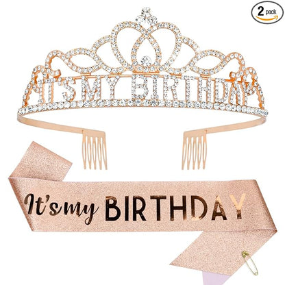 CAVETEE Birthday Crowns for Women - Its My Birthday Sash and Crown Set for Adult Women - Rose Gold