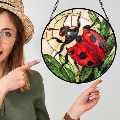 Stained Glass Window Hanging - Red Seven-Spotted Ladybug Sun Catcher for Door Home Decor Insect Suncatcher Christmas Mother's Day Birthday Gifts for Women Men Mom Nana 6.3 in