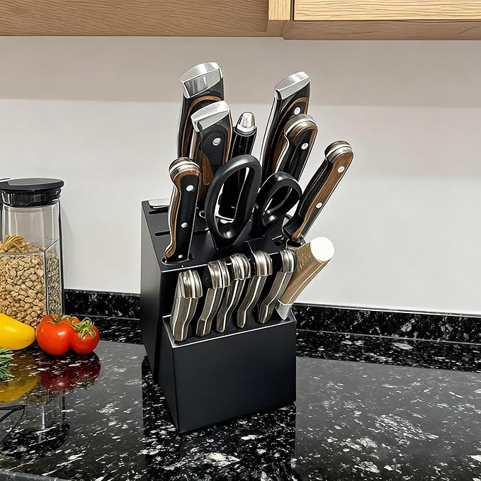 Teak Wood Knife Block Organizer, 14-Slot Kitchen Counter Storage Holder, Universal Design