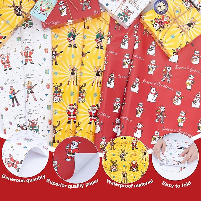 Larcenciel Music Christmas Gift Wrapping Paper Set with Xmas Gift Tags Twine & Tape, 6 Sheets Colorful Holiday Wrapping Paper, Rock Santa Snowman and Reindeer Design for Boy, Girly, Coworker, Friends
