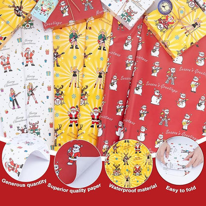 Larcenciel Music Christmas Gift Wrapping Paper Set with Xmas Gift Tags Twine & Tape, 6 Sheets Colorful Holiday Wrapping Paper, Rock Santa Snowman and Reindeer Design for Boy, Girly, Coworker, Friends