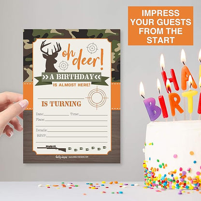 Hadley Designs Kids Birthday Invitations For Boys Camo Theme - 25 Deer Hunting Birthday Party Invitations For Boys, Camouflage Oh Deer Invites For Boy, Cute Hunting Party Supplies, Made In USA