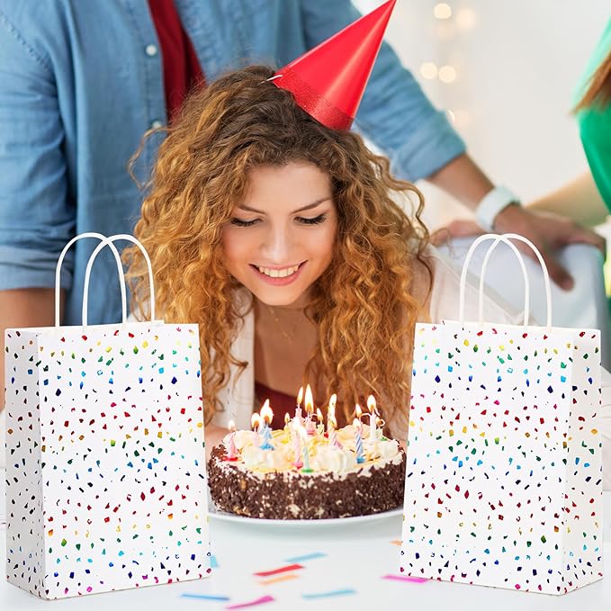Pasimy 24 Pcs Rainbow Confetti Paper Gift Bags with Handles Rainbow Sparkle Kraft Paper Favor Bags Glitter Tissue Treat for Birthday Wedding Christmas Baby Shower Supplies