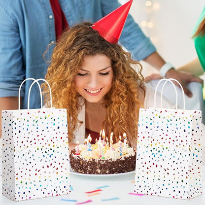 Pasimy 24 Pcs Rainbow Confetti Paper Gift Bags with Handles Rainbow Sparkle Kraft Paper Favor Bags Glitter Tissue Treat for Birthday Wedding Christmas Baby Shower Supplies