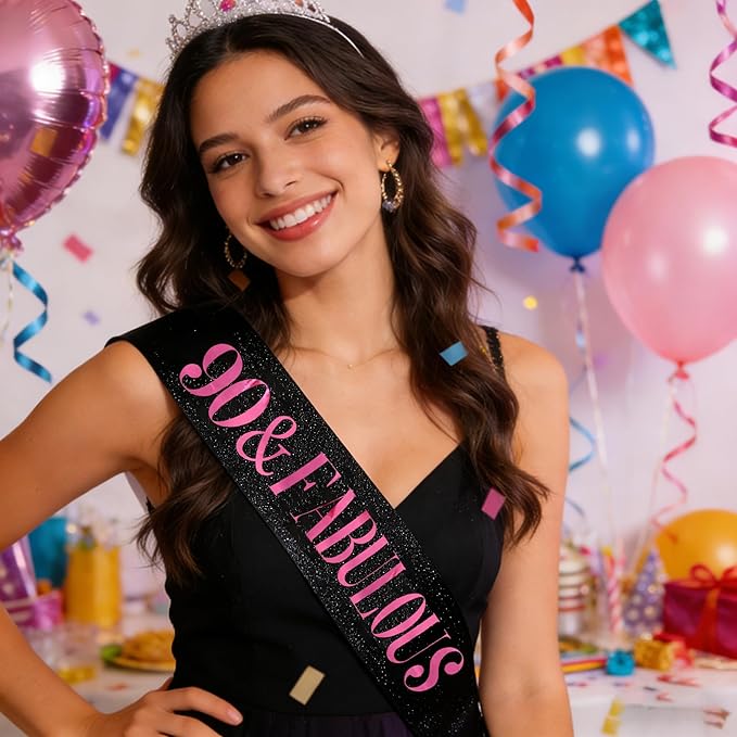 90 & Fabulous Sash, Funny 90th Birthday Sash for Women 90th Bday Party Photo Prop Favors Suppiles, Pink Foil Letter, Glitter Black