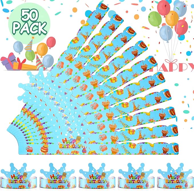Deakin 50 Pcs Birthday Crowns for Kids Paper Party Hats Colorful Birthday Hat Paper Crowns Family School Party Supplies