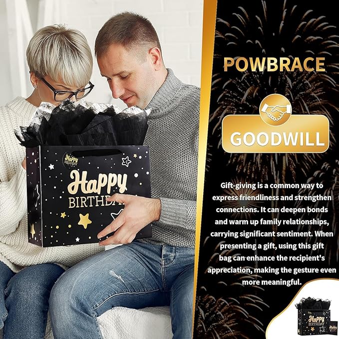 16" Black Happy Birthday Gift Bag with Tissue Paper and Greeting Card for Party,Happy Birthday Gift Bag for Men Women,Gift Bags Extra Large(1 PCS Black Hot Stamping)