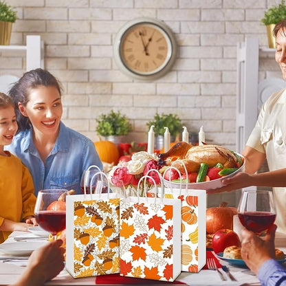 Glenmal 24 Pcs Fall Thanksgiving Gift Goodie Bags Bulk Maple Leaf Pumpkin Kraft Bags with Handles for Thanksgiving Autumn Party Favors Birthday Party Favors Supplies