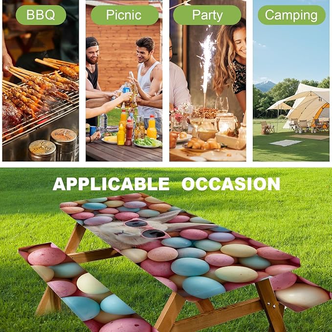 ANNA QUEEN 6FT Cute Easter Bunny Outdoor Picnic Table Cover with Bench Covers Picnic Table Cover Set 3PCS 72"x30", Cute Easter Bunny Outdoor Bench and Tablecloth Furniture Protection