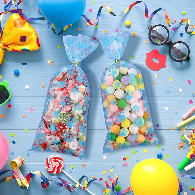 Boao 150 Pcs Dog Pet Paw Print Cellophane Bags Treat Gift Candy Cookie Bags with 150 Pieces Twist Ties for Dog Party Favor Decorations(Blue)