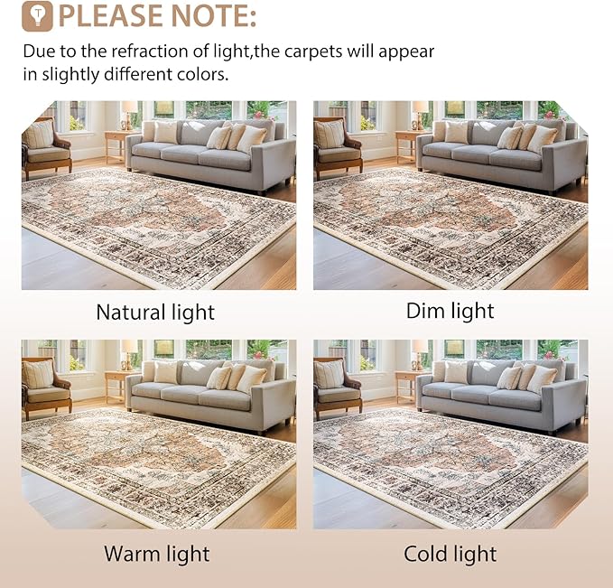 BESTSWEETIE 8x10 Area Rug Washable Rugs for Living Room, No Pile Boho Carpet for Entryway Bedroom Dinning Room, Vintage Carpet Print Distressed Non-Slip, 8 x 10 ft, Orange Pink Brown Earth Tones