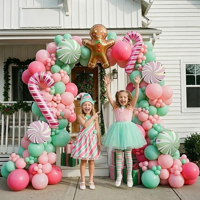 Christmas Balloon Garland Arch kit light magenta green pink balloon with Gingerbread Balloon Cane Candy Foil Balloons for Christmas Party Decorations Xmas New Year Birthday Party Supplies