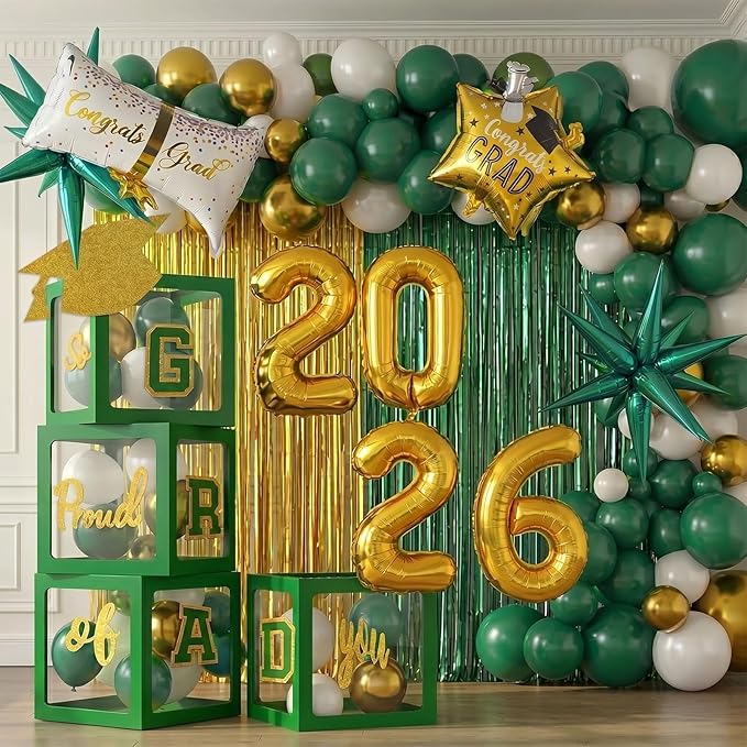 Green Graduation Decorations 2026 Set of 4 GRAD Balloon Boxes with Balloon Arch Garland Kit mylar balloons Fringe Curtain So Proud of You 2026 prom Graduation Decorations