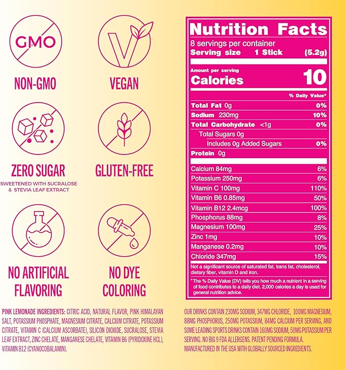 TREVI™ Sugar Free Electrolytes - Drink Mix Hydration Powder Packets - 8 Count - Pink Lemonade