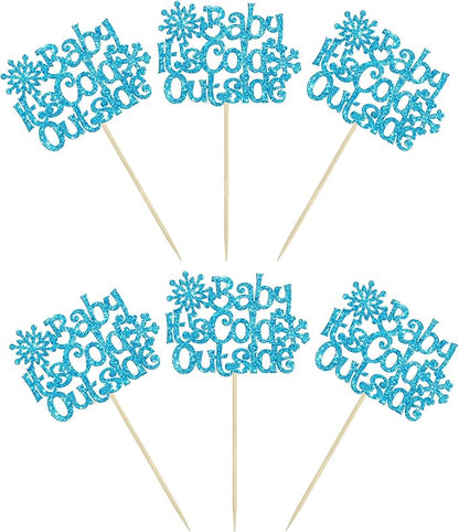 24Pcs Baby It's Cold Outside Snowflake Cupcake Toppers Glitter Winter Frozen Cupcake Picks for Winter Wonderland Baby Shower Birthday Party Cake Decorations Supplies Blue
