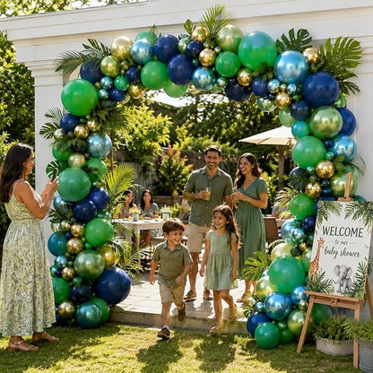 134Pcs Blue and Green Balloon Garland Kit, Navy Blue Dark Green Gold Balloon Arch Kit with Metallic Chrome Balloons, Dinosaur Helium Latex Balloons for Dino Jungle Safari Birthday Party Decorations