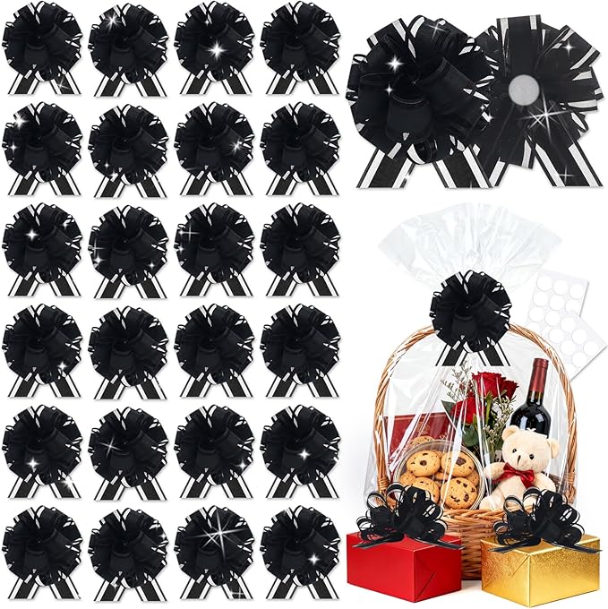 24pcs Black Pull Bow for Gift Basket Wrapping Xmas Gift Bows Presents Adhesive Wrap Ribbon Bow for Christmas Tree Ornament Wine Bottles Bouquet Flower Valentine's Day Party Decor (Black-G)
