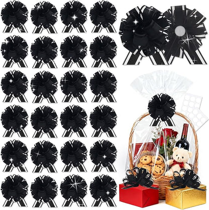 24pcs Black Pull Bow for Gift Basket Wrapping Xmas Gift Bows Presents Adhesive Wrap Ribbon Bow for Christmas Tree Ornament Wine Bottles Bouquet Flower Valentine's Day Party Decor (Black-G)