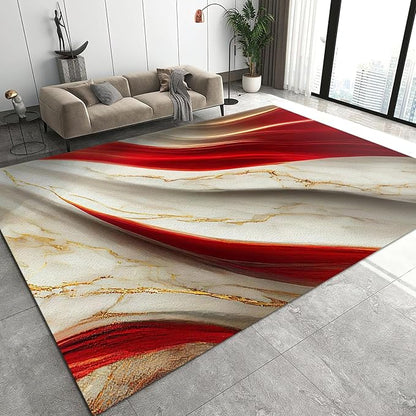 Marble Gilt Texture Red Area Rug, Luxury Marble Non Slip Throw Rug, Machine Washable Durable Carpet for Indoor Bedroom Living Room Office Decor Rug - 5 ft x 6 ft
