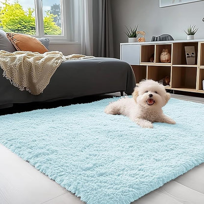 OLANLY 3x5 Machine Washable Small Bedside Rug, Soft Fluffy Shaggy Rugs for Living Room, Bedroom, Indoor Floor Carpet for Kids Girls and Boys, Preppy Dorms, Nursery, Home Decor Aesthetic, Light Blue