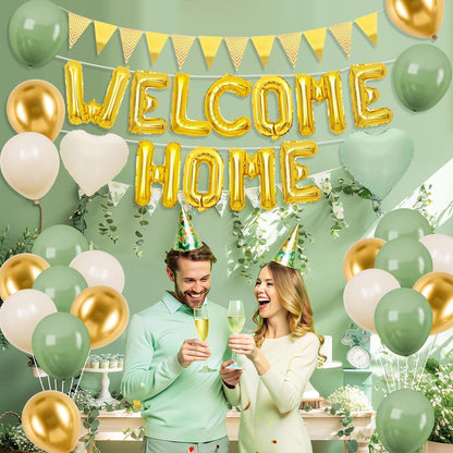 Welcome Home Decorations Green Gold,Gold Welcome Home Foil Balloon Banner with Sage Green White Heart Balloons Pennant Flag Bunting for Housewarming Baby Shower Home Family Party Supplies