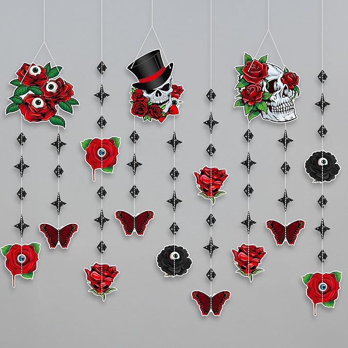 KatchOn, Day of The Dead Garland Red and Black – Pack of 6 | Spooky Hanging Banners for Day of The Dead Decorations | Roses, Skulls & Butterfly Ornaments for Halloween Decorations | Day of Dead Decor