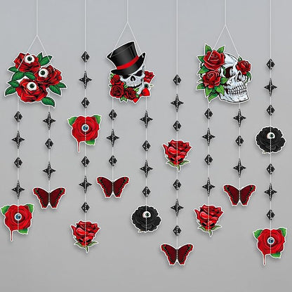 KatchOn, Day of The Dead Garland Red and Black – Pack of 6 | Spooky Hanging Banners for Day of The Dead Decorations | Roses, Skulls & Butterfly Ornaments for Halloween Decorations | Day of Dead Decor