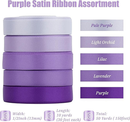 MAYREEL 5 Colors Purple Satin Ribbon 1/2 Inch Thin Ribbon for Gift Wrapping Flower Bouquet Wedding Bridal Shower Crafts Total 50 Yards