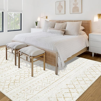 Area Rug 3x5 Geometric Rug: Washable Boho Moroccan Rugs Soft Farmhouse Rug, Modern Neutral Stain Resistant Indoor Floor Carpet for Livingroom Bedroom Dining Table Nursery(Beige,3X5)