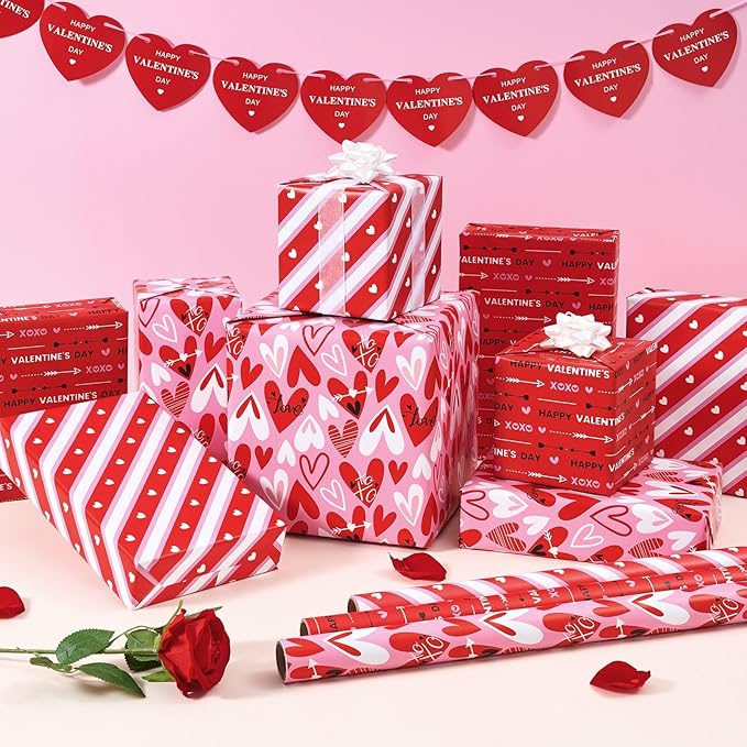 WERNNSAI Valentines Wrapping Paper Rolls - 3 Roll 17”x 120” Happy Valentines Day Gift Wrap Supply Red Love Heart Stripe Design Girls Princess Style for Women Valentine Date Favor
