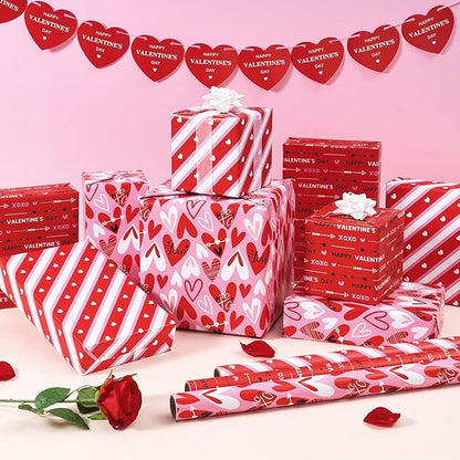 WERNNSAI Valentines Wrapping Paper Rolls - 3 Roll 17”x 120” Happy Valentines Day Gift Wrap Supply Red Love Heart Stripe Design Girls Princess Style for Women Valentine Date Favor